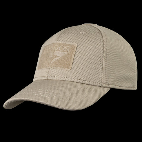 The Condor Flex Tactical Cap features a beige design, curved brim, and front Velcro patch area—perfect for bushcraft or shooting range outings.